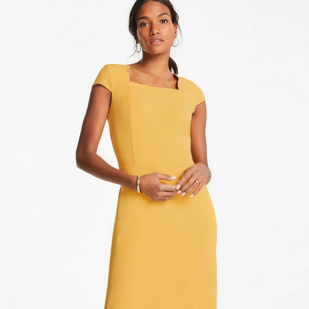 Ann Taylor 8 Scallop Neckline Yellow Dress EUC